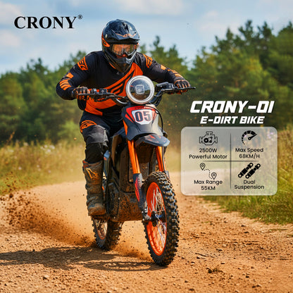 CRONY CRONY-01 High Configuration Electric Dirt Bike 2500W Motor, 48V 24Ah Battery, 45-55KM Range, 50-68KM/H Speed, Dual Suspension, Off-Road Tires, Bluetooth Speaker, LED Headlamp, Phone Holder, Digital Display, Free Helmet, 1 Year Motor Warranty