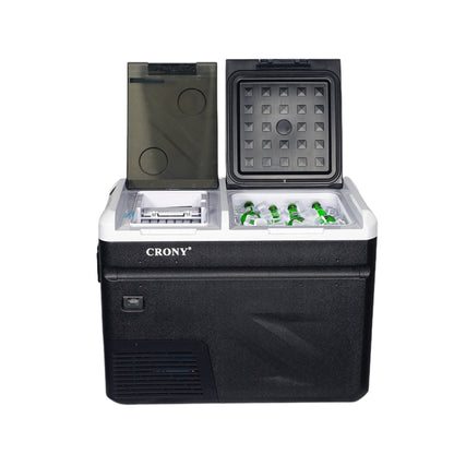 ثلاجة منزلية وسيارة CRONY IC36 بسعة 36 لتر مع ماكينة ثلج، فتاحة زجاجات، حامل أكواب، وحماية بطارية السيارة