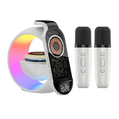 مصباح طاولة متعدد الوظائف مع مكبر صوت BT وميكروفون وساعة وشحن لاسلكي مصباح طاولة كبير G مع مكبر صوت بلوتوث وحزام قمح وساعة مع شحن لاسلكي متعدد الوظائف