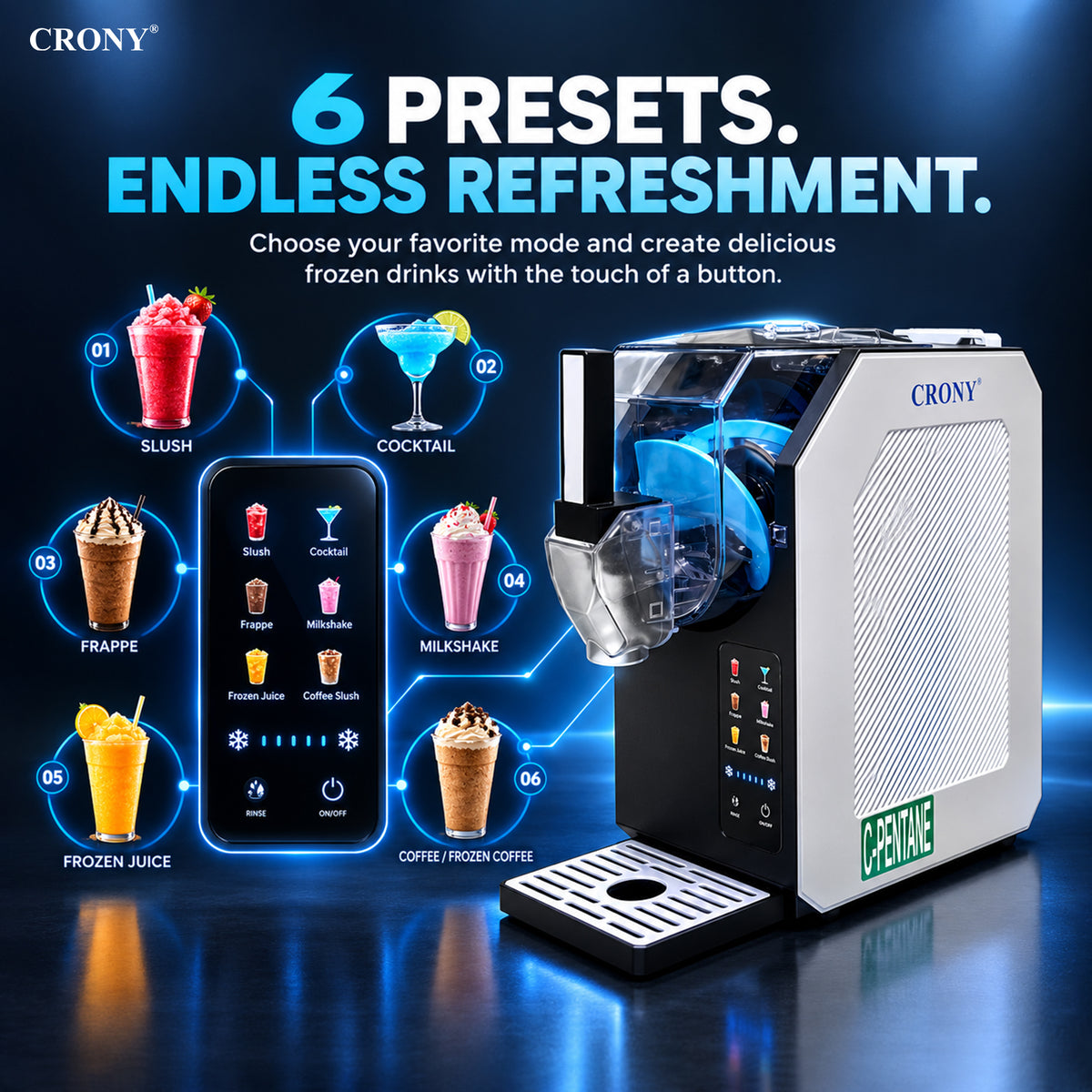 CRONY HBS-1901 Slushie Machine, 1.9L / 64 oz Capacity, 250W Commercial Frozen Drink Maker, AC 220–240V, Compact Slush Maker for Home, Restaurant, Café & Events