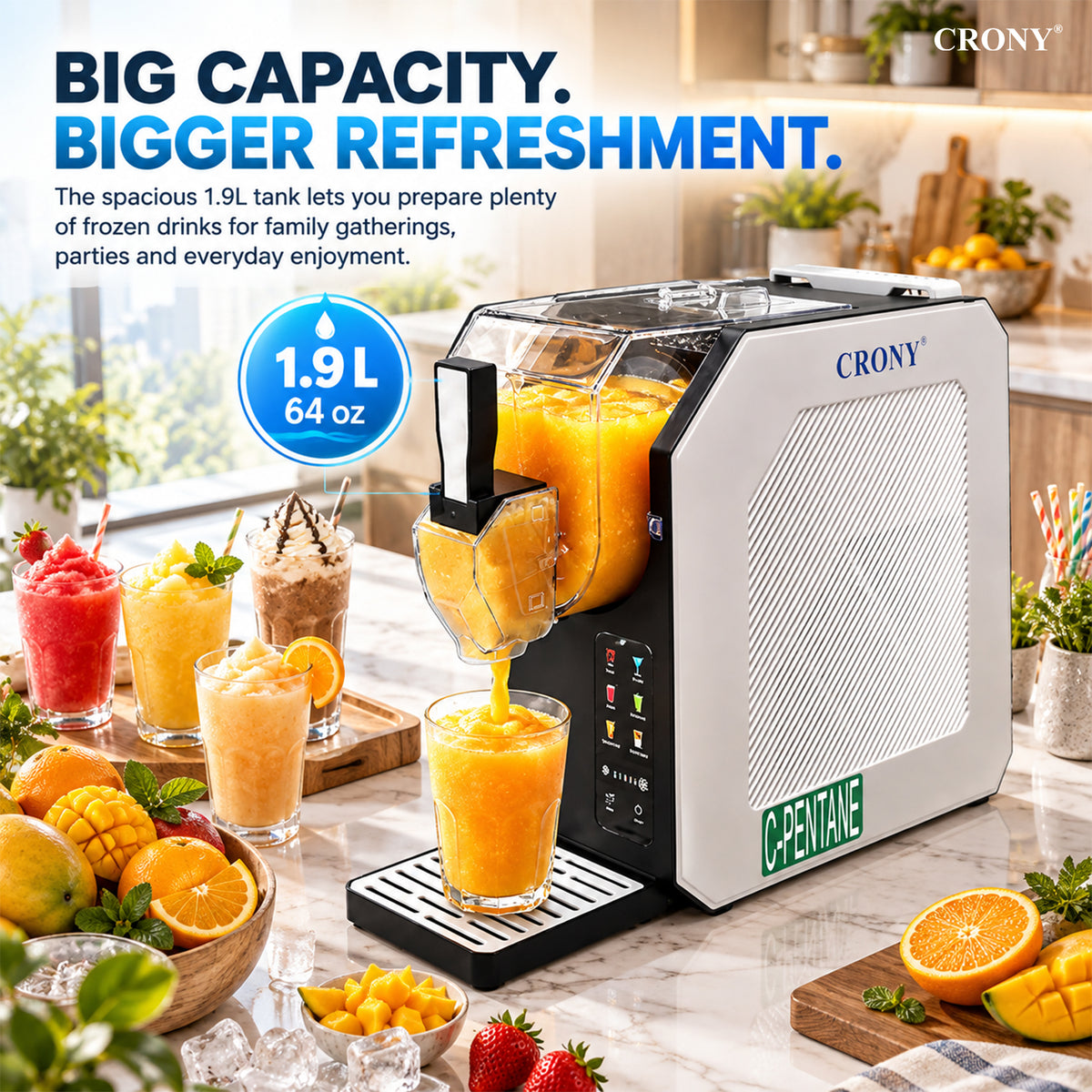 CRONY HBS-1901 Slushie Machine, 1.9L / 64 oz Capacity, 250W Commercial Frozen Drink Maker, AC 220–240V, Compact Slush Maker for Home, Restaurant, Café & Events