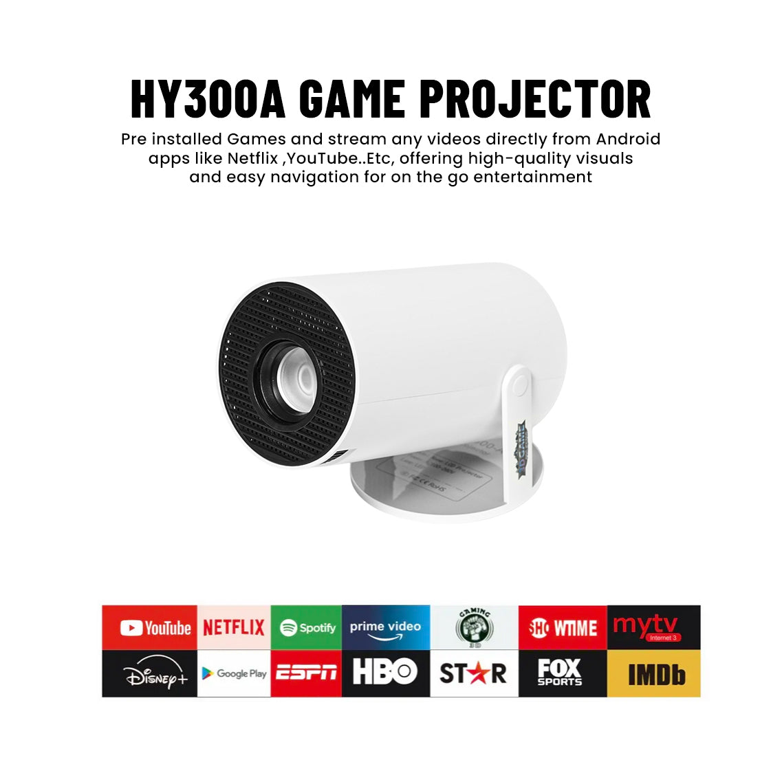 CRONY Portable HY300PRO Smart Projector 720P HD 2.4G/5G WiFi 6 Bluetooth 5.2 Android 11