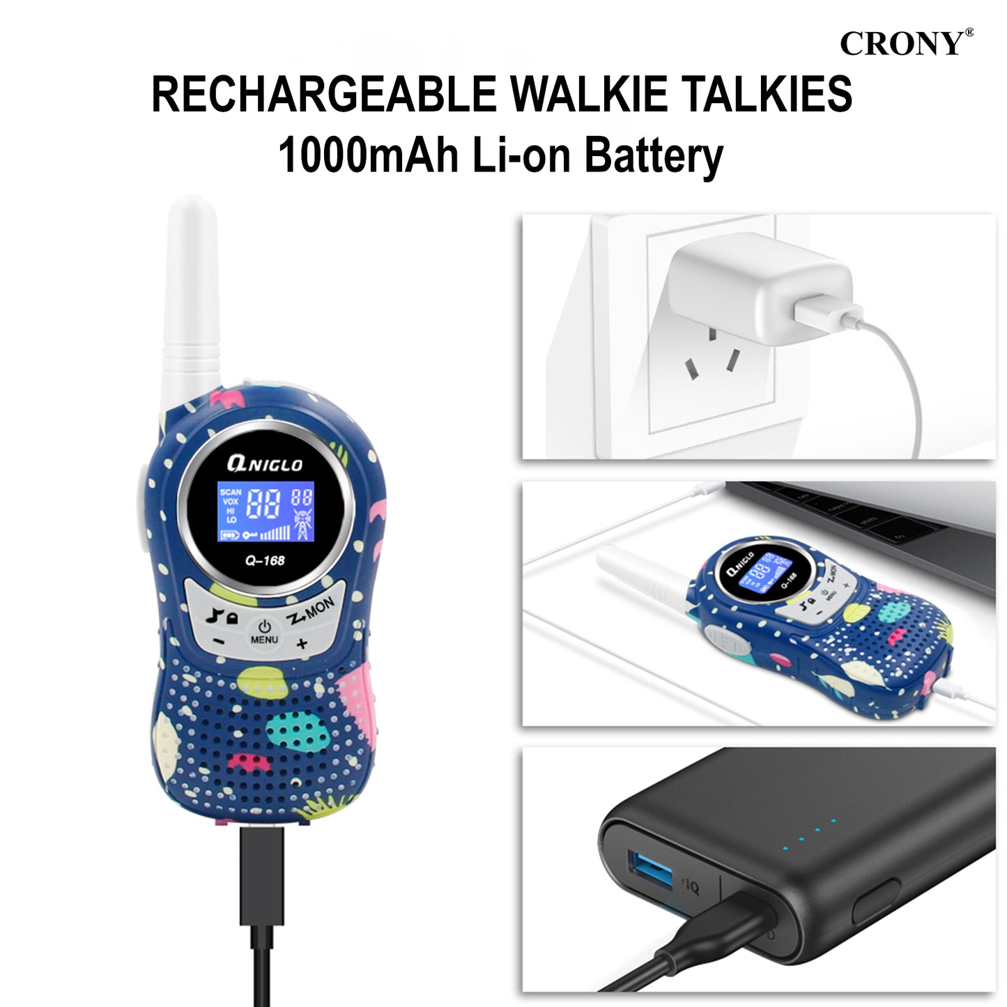 Crony The Q168 Plus Walkie Talkie is a compact and reliable communication device designed for clear and stable performance in daily use. Operating on UHF 400–470MHz, it provides a communication range of 1–3 KM,