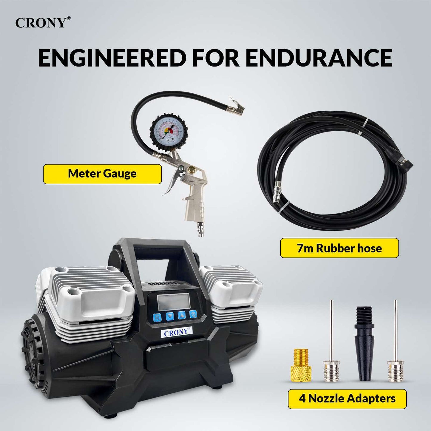 CRONY WM 102-45 12V Heavy Duty Air Compressor, 150 PSI, 400L/Min Air Flow, 4-Cylinder Tyre Inflator with 7M Air Hose, 100A Rated Current, Overload & Overheat Protection for Cars, Trucks & Off-Road Vehicles