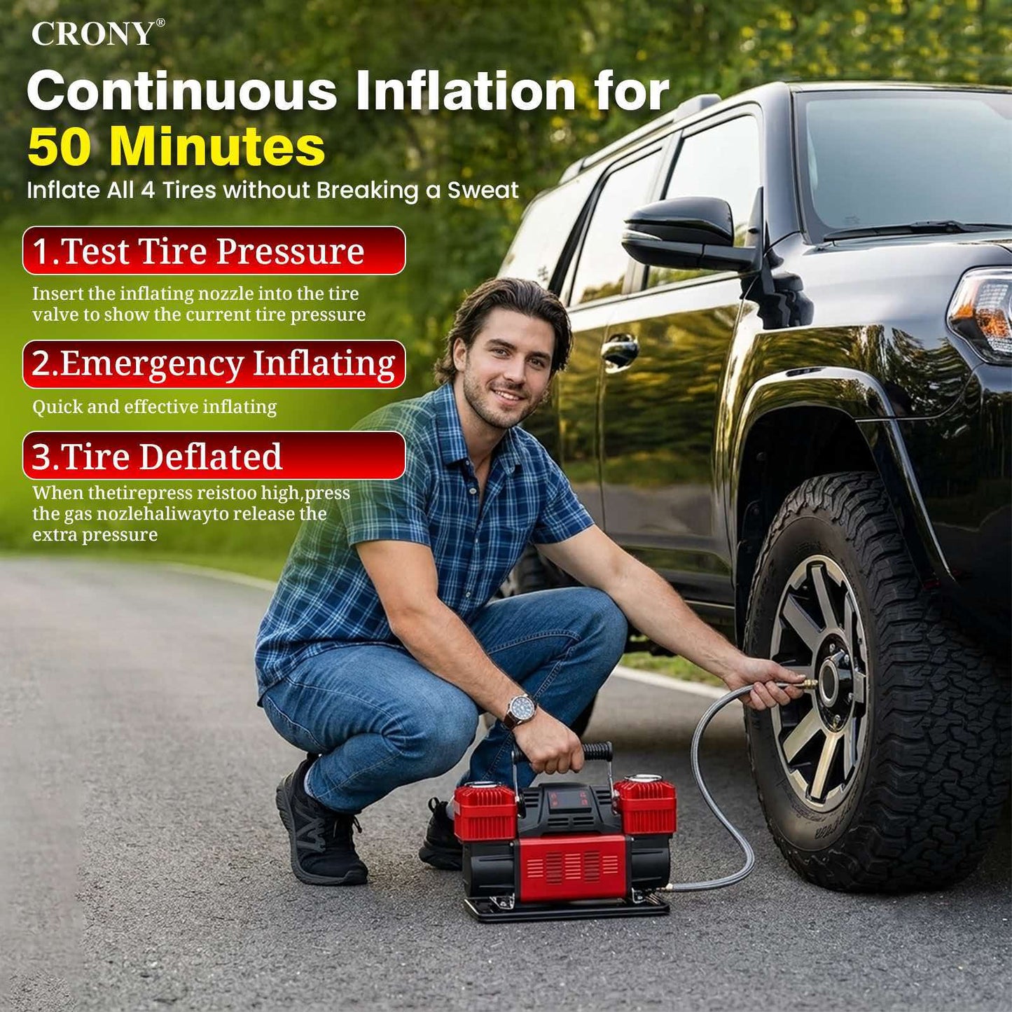 CRONY WM 102-45 12V Heavy Duty Air Compressor, 150 PSI, 400L/Min Air Flow, 4-Cylinder Tyre Inflator with 7M Air Hose, 100A Rated Current, Overload & Overheat Protection for Cars, Trucks & Off-Road Vehicles