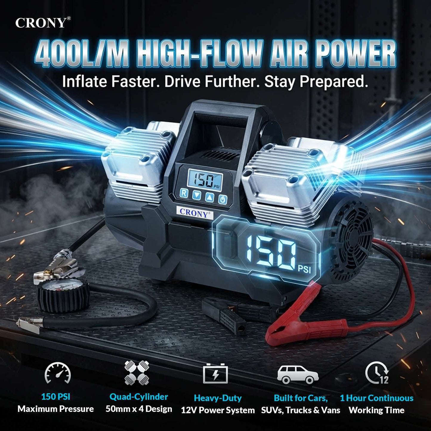 CRONY WM 102-45 12V Heavy Duty Air Compressor, 150 PSI, 400L/Min Air Flow, 4-Cylinder Tyre Inflator with 7M Air Hose, 100A Rated Current, Overload & Overheat Protection for Cars, Trucks & Off-Road Vehicles
