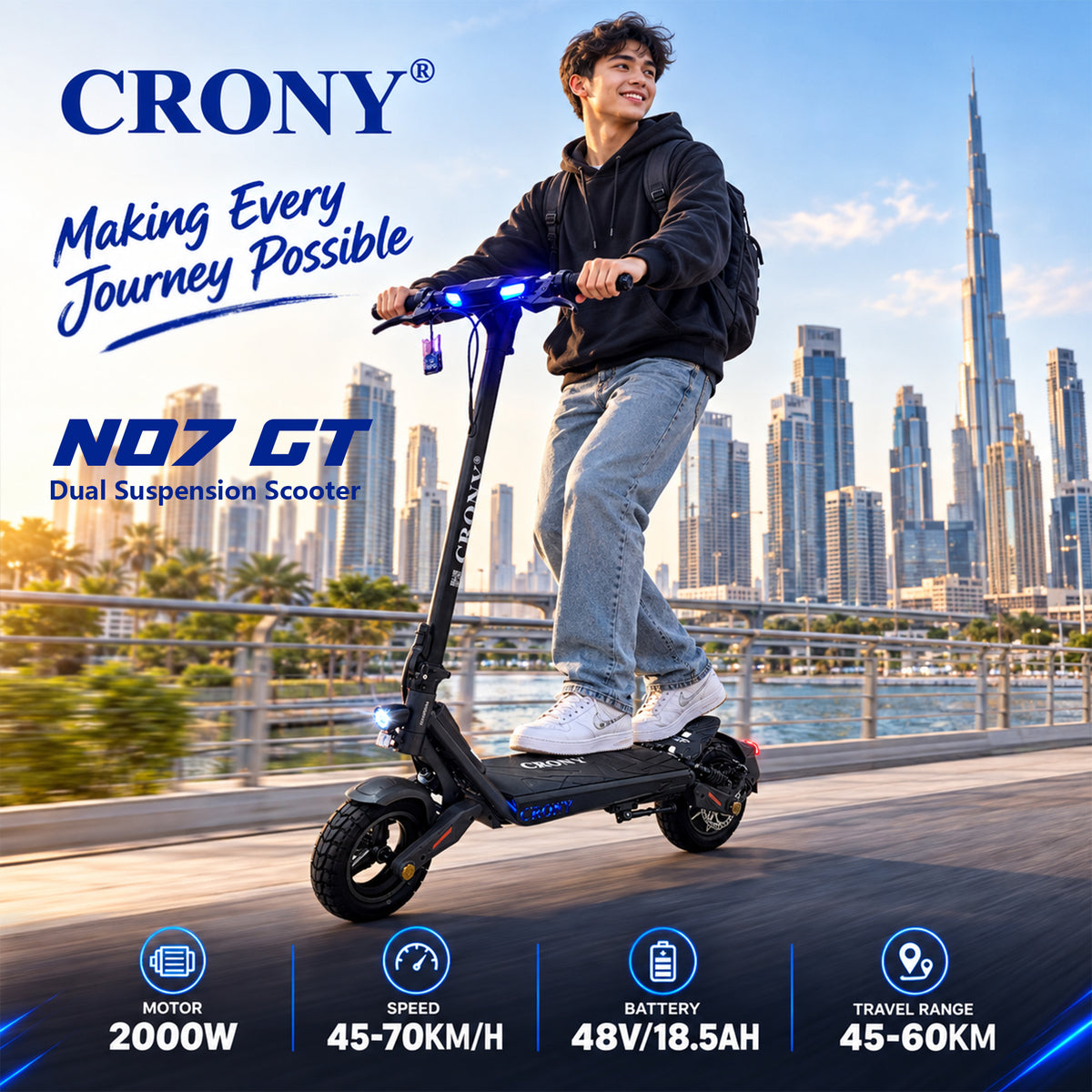 CRONY N07 GT Electric Scooter, 2000W Motor, 48V 18.5Ah Battery, 45–70 km/h, 45–60 km Range, Dual Suspension, 10-Inch Tires, NFC Unlock & App Connectivity