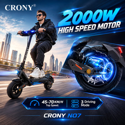 CRONY N07 GT Electric Scooter, 2000W Motor, 48V 18.5Ah Battery, 45–70 km/h, 45–60 km Range, Dual Suspension, 10-Inch Tires, NFC Unlock & App Connectivity