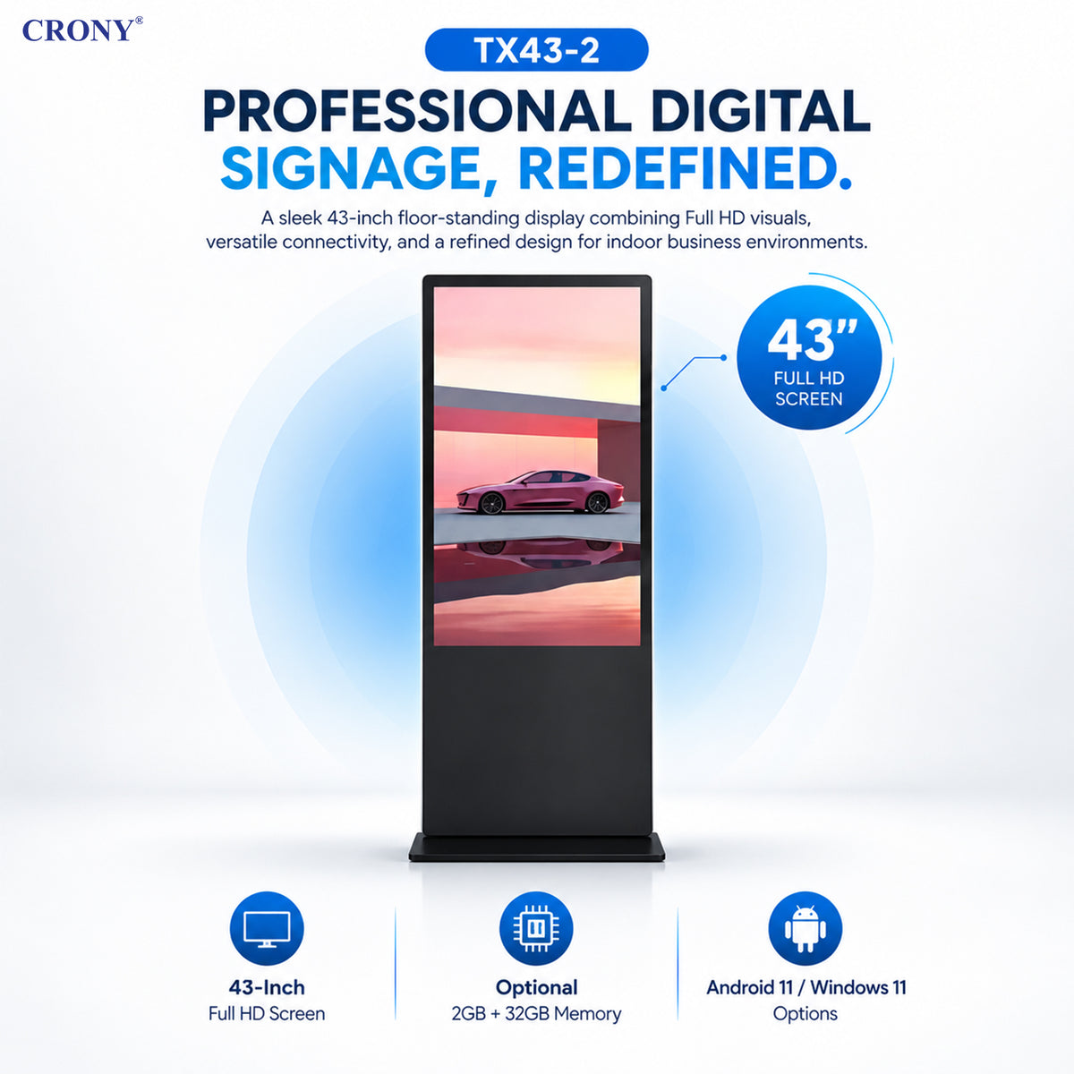 CRONY  TX43-2 Portable Smart Display | Full HD 1920×1080 | Android 11 / Windows 11 | 2GB RAM + 32GB ROM | Wi-Fi & Bluetooth | Folding Stand with Wheels | IP65 Waterproof | 24/7 Operation