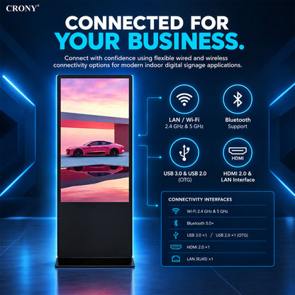 CRONY  TX43-2 Portable Smart Display | Full HD 1920×1080 | Android 11 / Windows 11 | 2GB RAM + 32GB ROM | Wi-Fi & Bluetooth | Folding Stand with Wheels | IP65 Waterproof | 24/7 Operation