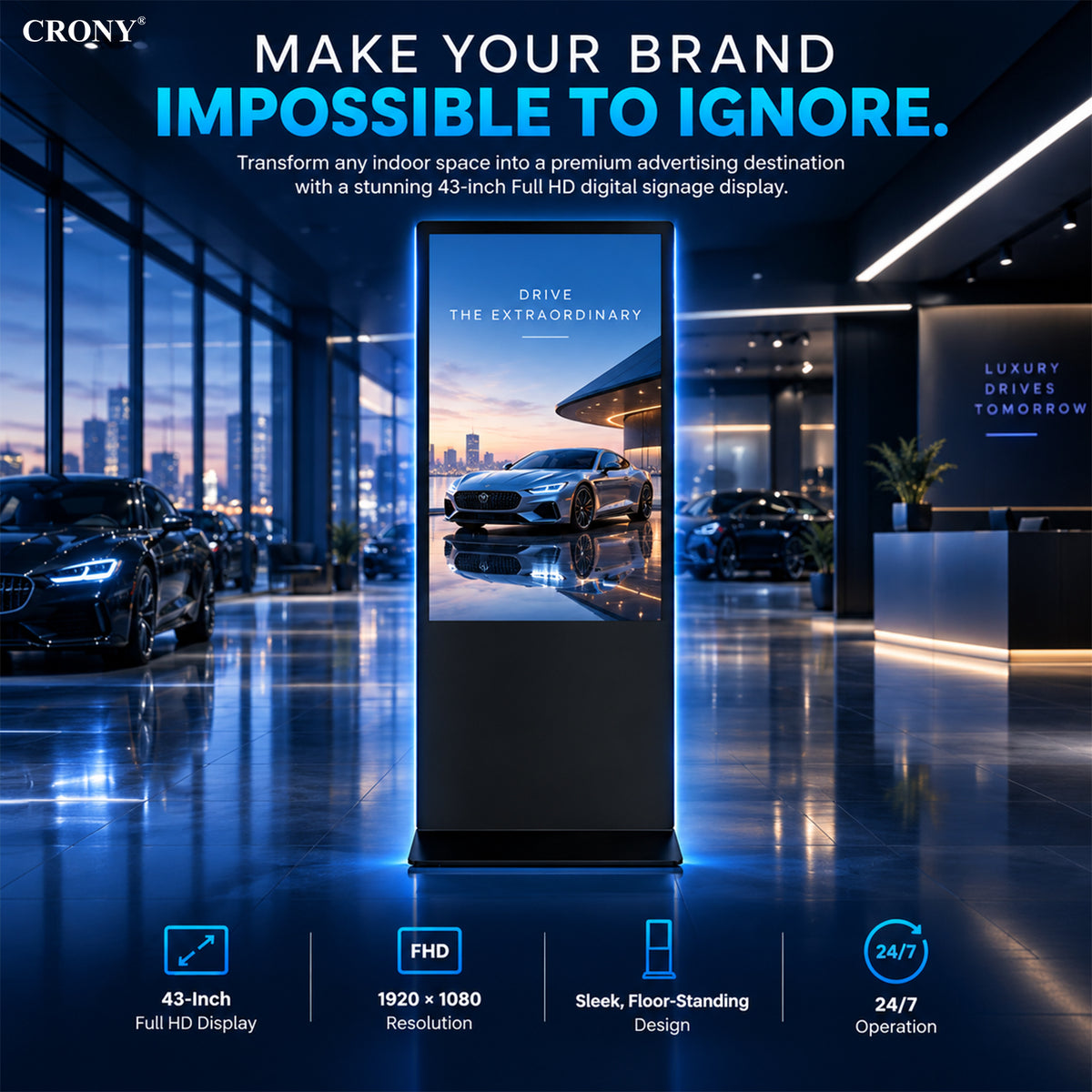 CRONY  TX43-2 Portable Smart Display | Full HD 1920×1080 | Android 11 / Windows 11 | 2GB RAM + 32GB ROM | Wi-Fi & Bluetooth | Folding Stand with Wheels | IP65 Waterproof | 24/7 Operation