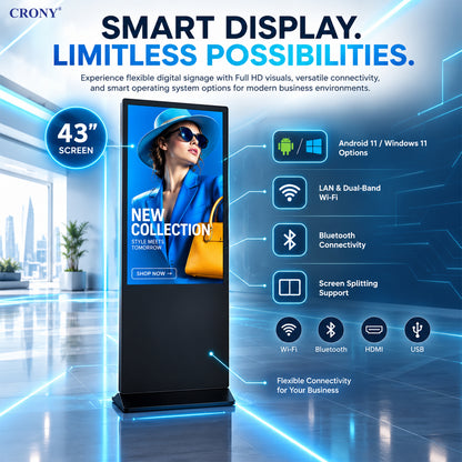 CRONY  TX43-2 Portable Smart Display | Full HD 1920×1080 | Android 11 / Windows 11 | 2GB RAM + 32GB ROM | Wi-Fi & Bluetooth | Folding Stand with Wheels | IP65 Waterproof | 24/7 Operation