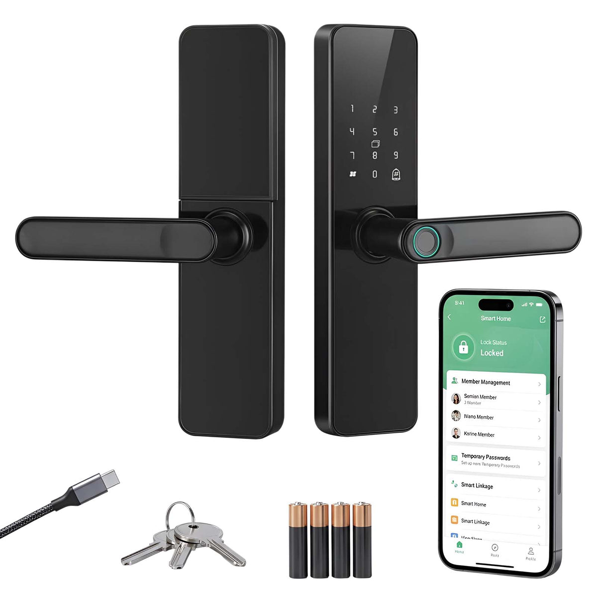 CRONY JP-S2 Smart Door Lock 5-in-1 Built-in Wifi Fingerprint Keyless Entry Weather-Resistant Child Safety Lock for Home Rental Office and Hotel TUYA App Control Black