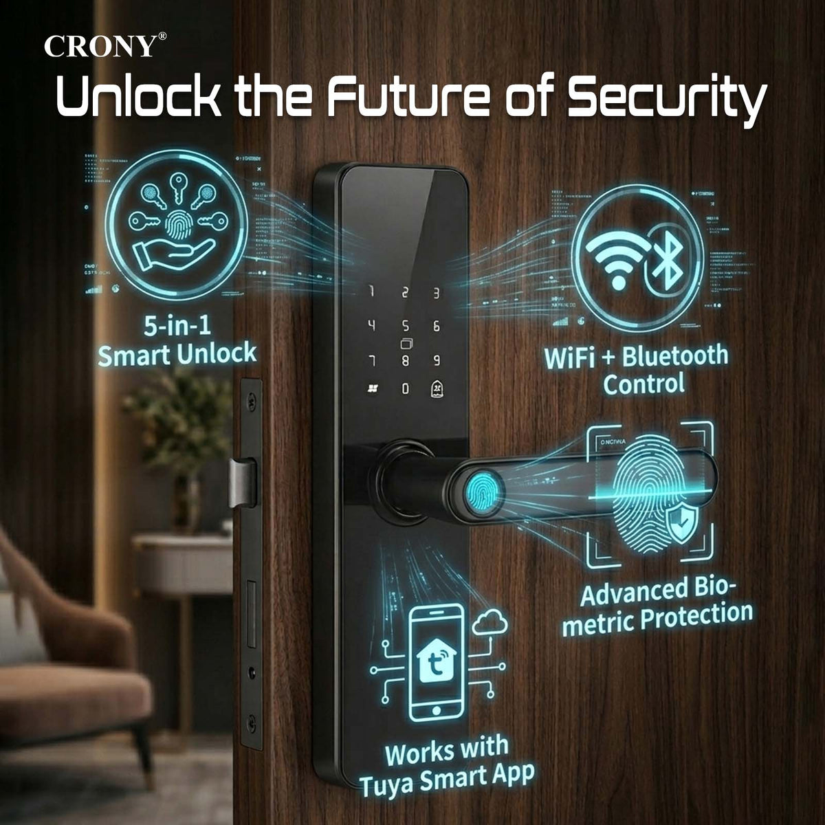 CRONY JP-S2 Smart Door Lock 5-in-1 Built-in Wifi Fingerprint Keyless Entry Weather-Resistant Child Safety Lock for Home Rental Office and Hotel TUYA App Control Black