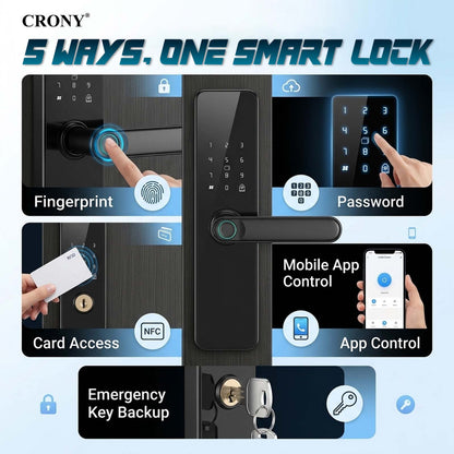 CRONY JP-S2 Smart Door Lock 5-in-1 Built-in Wifi Fingerprint Keyless Entry Weather-Resistant Child Safety Lock for Home Rental Office and Hotel TUYA App Control Black
