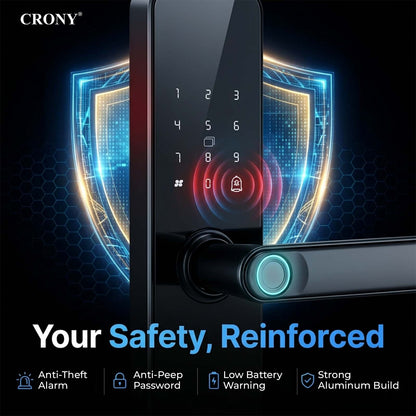 CRONY JP-S2 Smart Door Lock 5-in-1 Built-in Wifi Fingerprint Keyless Entry Weather-Resistant Child Safety Lock for Home Rental Office and Hotel TUYA App Control Black