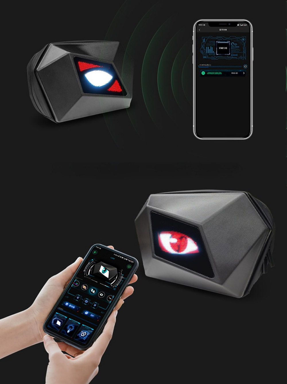 حقيبة ظهر عرض LED عين الشيطان من CRONY حقيبة سفر عين الشيطان بلوتوث مقاومة للماء غلاف صلب حقيبة ظهر فارس LED رائعة لركوب الدراجات النارية