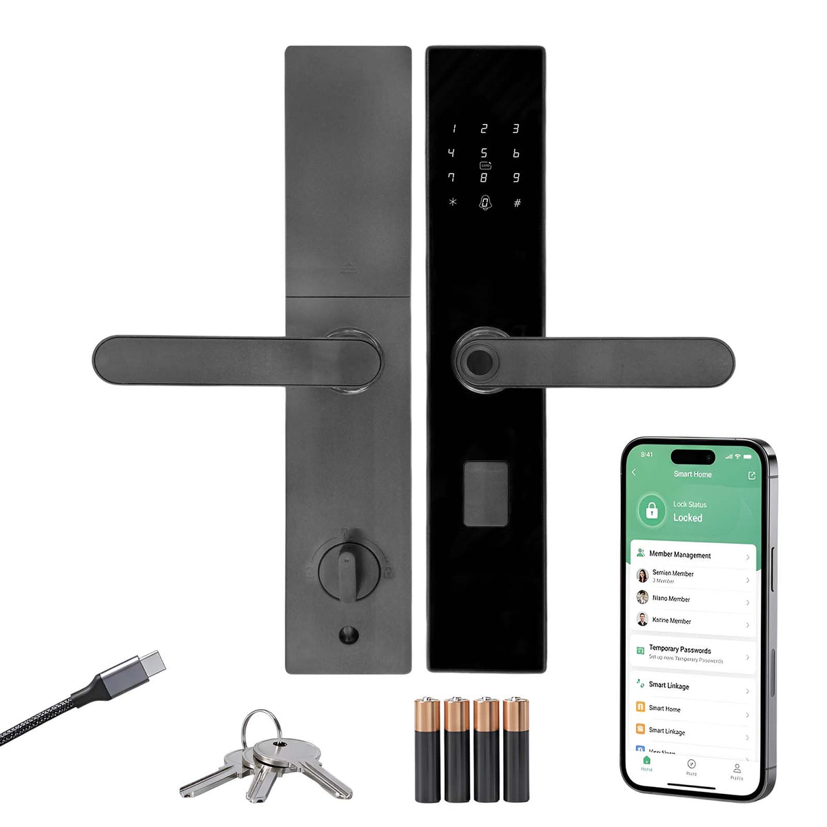CRONY MJ-18 Smart Door Lock 5-in-1 Built-in Wifi Fingerprint Keyless Entry Weather-Resistant Child Safety Lock for Home Rental Office and Hotel TUYA App Control (black)