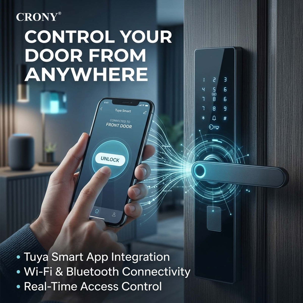 CRONY MJ-18 Smart Door Lock 5-in-1 Built-in Wifi Fingerprint Keyless Entry Weather-Resistant Child Safety Lock for Home Rental Office and Hotel TUYA App Control (black)