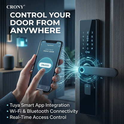 CRONY MJ-18 Smart Door Lock 5-in-1 Built-in Wifi Fingerprint Keyless Entry Weather-Resistant Child Safety Lock for Home Rental Office and Hotel TUYA App Control (black)