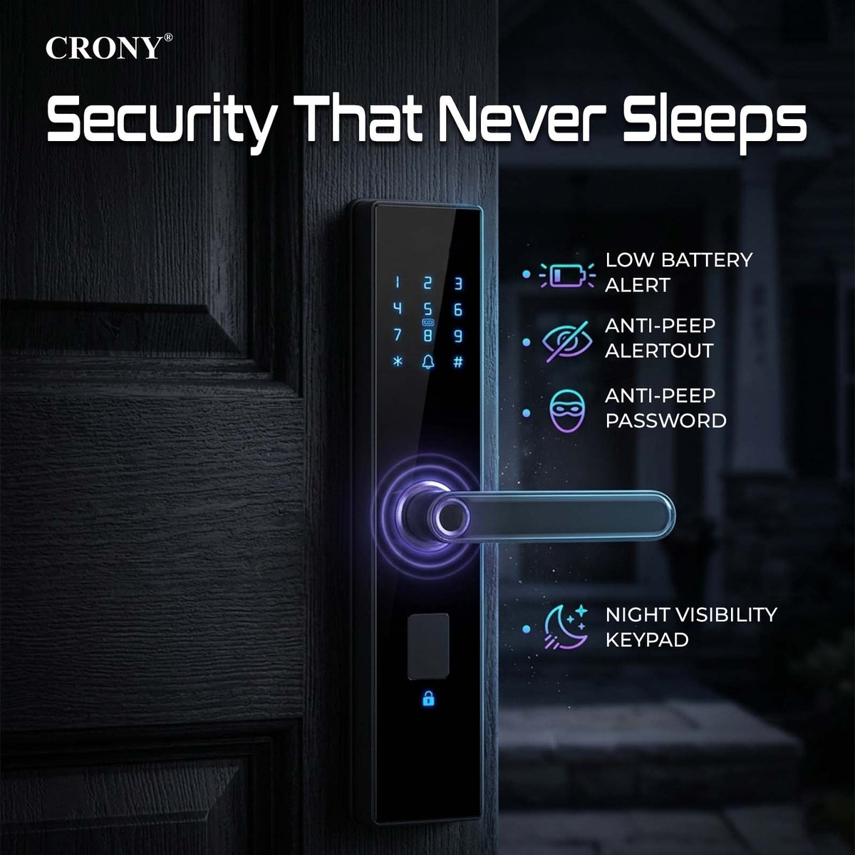 CRONY MJ-18 Smart Door Lock 5-in-1 Built-in Wifi Fingerprint Keyless Entry Weather-Resistant Child Safety Lock for Home Rental Office and Hotel TUYA App Control (black)