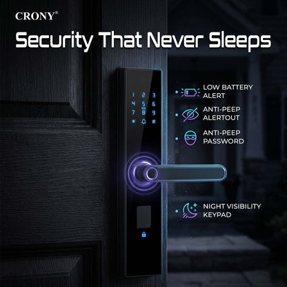 CRONY MJ-18 Smart Door Lock 5-in-1 Built-in Wifi Fingerprint Keyless Entry Weather-Resistant Child Safety Lock for Home Rental Office and Hotel TUYA App Control (black)