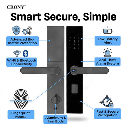 CRONY MJ-18 Smart Door Lock 5-in-1 Built-in Wifi Fingerprint Keyless Entry Weather-Resistant Child Safety Lock for Home Rental Office and Hotel TUYA App Control (black)