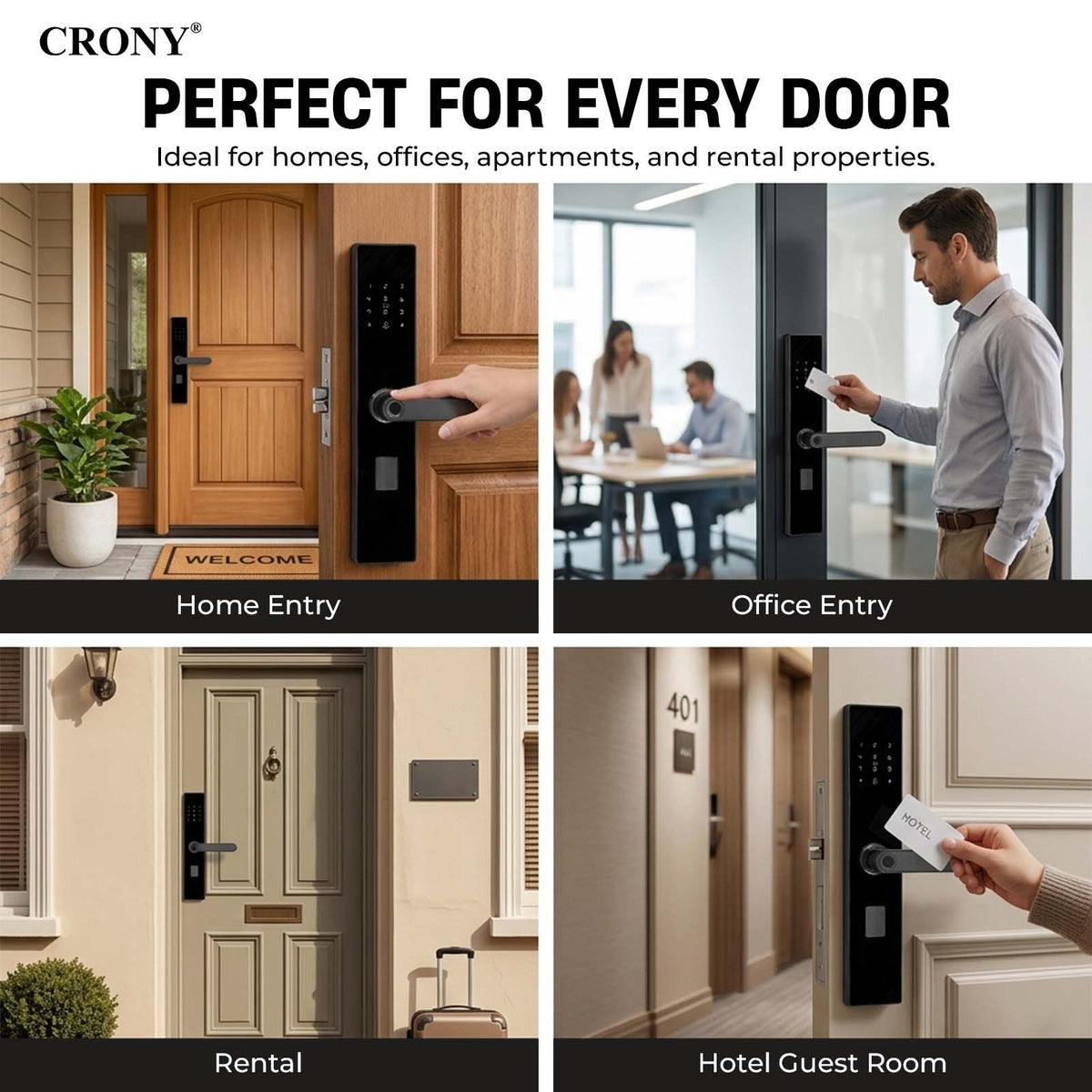 CRONY MJ-18 Smart Door Lock 5-in-1 Built-in Wifi Fingerprint Keyless Entry Weather-Resistant Child Safety Lock for Home Rental Office and Hotel TUYA App Control (black)