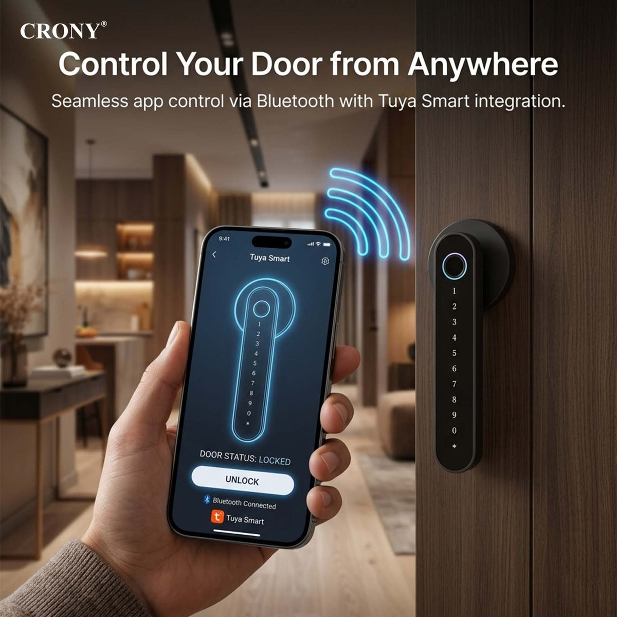 CRONY MJ-S4-DD Smart Door Lock 5-in-1 Fingerprint Keyless Entry Door Locks with App and Keypad Electronic Biometric Handle Child Safety Lock Suitable for for Home Rental Office and Hotel TUYA Black