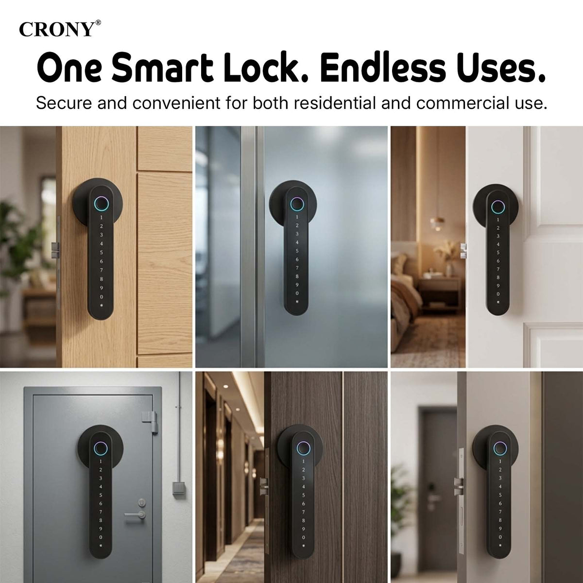 CRONY MJ-S4-DD Smart Door Lock 5-in-1 Fingerprint Keyless Entry Door Locks with App and Keypad Electronic Biometric Handle Child Safety Lock Suitable for for Home Rental Office and Hotel TUYA Black