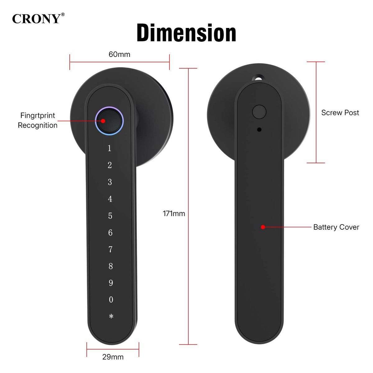 CRONY MJ-S4-DD Smart Door Lock 5-in-1 Fingerprint Keyless Entry Door Locks with App and Keypad Electronic Biometric Handle Child Safety Lock Suitable for for Home Rental Office and Hotel TUYA Black