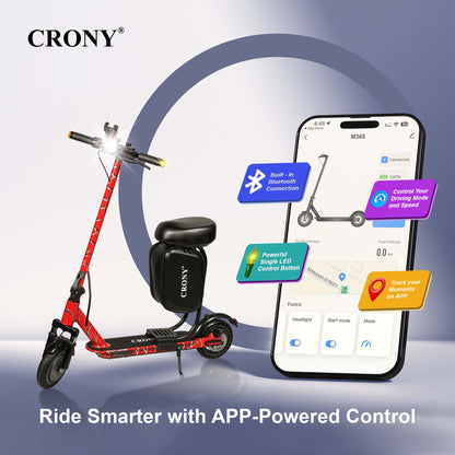 XM M365 APP+SEAT is a foldable electric scooter designed for adult urban commuting. Powered by a 350W motor, it delivers speeds between 25–45 km/h with a range of 15–20 km per charge