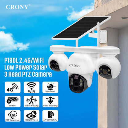 CRONY P19DL 4MP Solar Security Camera, WiFi PTZ Outdoor Camera with 8000mAh Battery, 10X Optical Zoom, 355° Pan 90° Tilt, AI Human Tracking, Motion Detection, Two-Way Audio, IR Night Vision, IP65 Waterproof, V380 Pro App, SD Card Storage