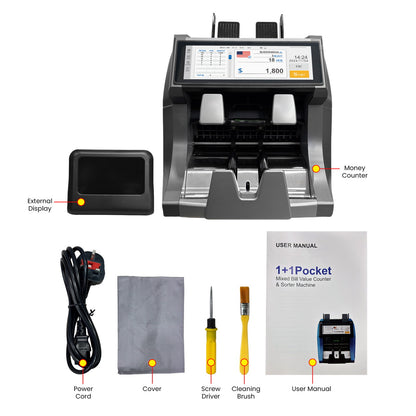 جهاز فرز النقود CRONY SH-209Q متعدد القيم مع طابعة مدمجة بسرعة 1500 ورقة في الدقيقة، كشف بالأشعة فوق البنفسجية والمغناطيسية والحرارية والأشعة تحت الحمراء، شاشة عرض TFT بحجم 7.84 بوصة