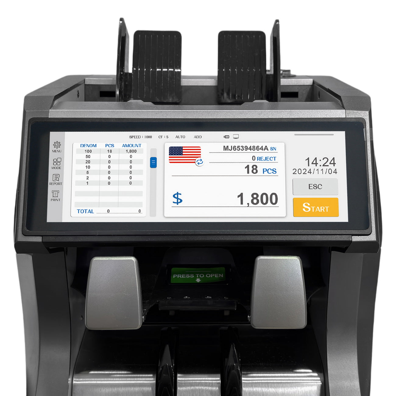 جهاز فرز النقود CRONY SH-209Q متعدد القيم مع طابعة مدمجة بسرعة 1500 ورقة في الدقيقة، كشف بالأشعة فوق البنفسجية والمغناطيسية والحرارية والأشعة تحت الحمراء، شاشة عرض TFT بحجم 7.84 بوصة
