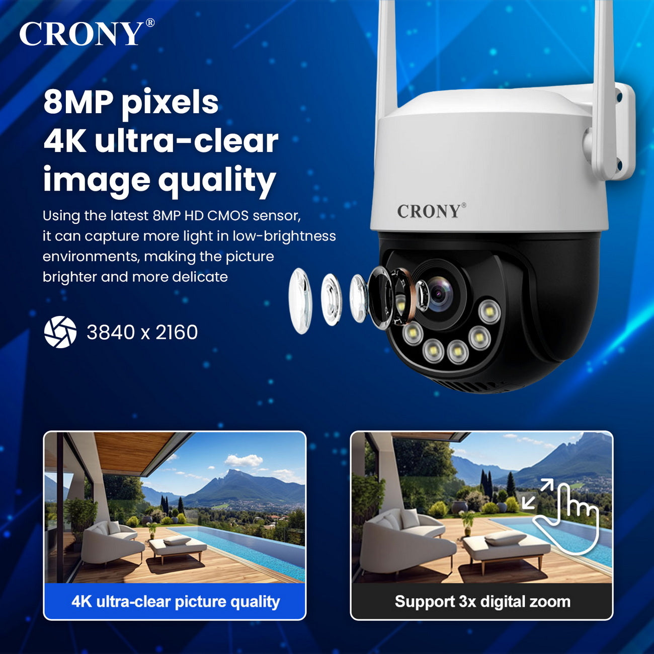 كاميرا لاسلكية CRONY SH072 من Srihome بدقة 8 ميجابكسل، كاميرا واي فاي 5G بدقة 8 ميجابكسل مع رؤية ليلية، كشف حركة الإنسان، وصوت ثنائي الاتجاه
