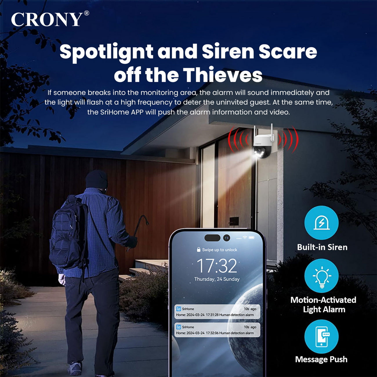 كاميرا لاسلكية CRONY SH072 من Srihome بدقة 8 ميجابكسل، كاميرا واي فاي 5G بدقة 8 ميجابكسل مع رؤية ليلية، كشف حركة الإنسان، وصوت ثنائي الاتجاه