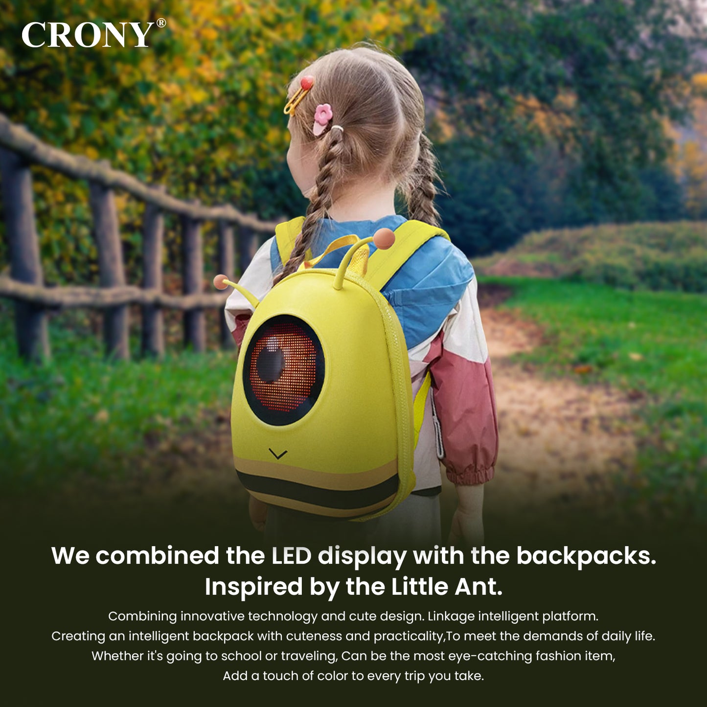 حقيبة ظهر ذكية CRONY صغيرة بشاشة LED للنمل مع عرض بكسل ذكي حقيبة ظهر بلوتوث قابلة للبرمجة بشاشة LED بحجم 32x32 عرض نصوص ورسوم متحركة مخصصة للسفر والمدرسة والتنقل وهدايا تقنية