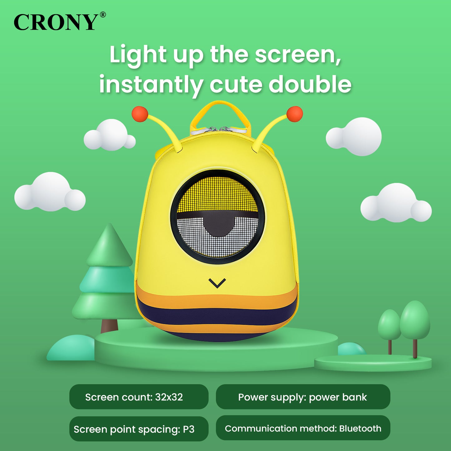 حقيبة ظهر ذكية CRONY صغيرة بشاشة LED للنمل مع عرض بكسل ذكي حقيبة ظهر بلوتوث قابلة للبرمجة بشاشة LED بحجم 32x32 عرض نصوص ورسوم متحركة مخصصة للسفر والمدرسة والتنقل وهدايا تقنية