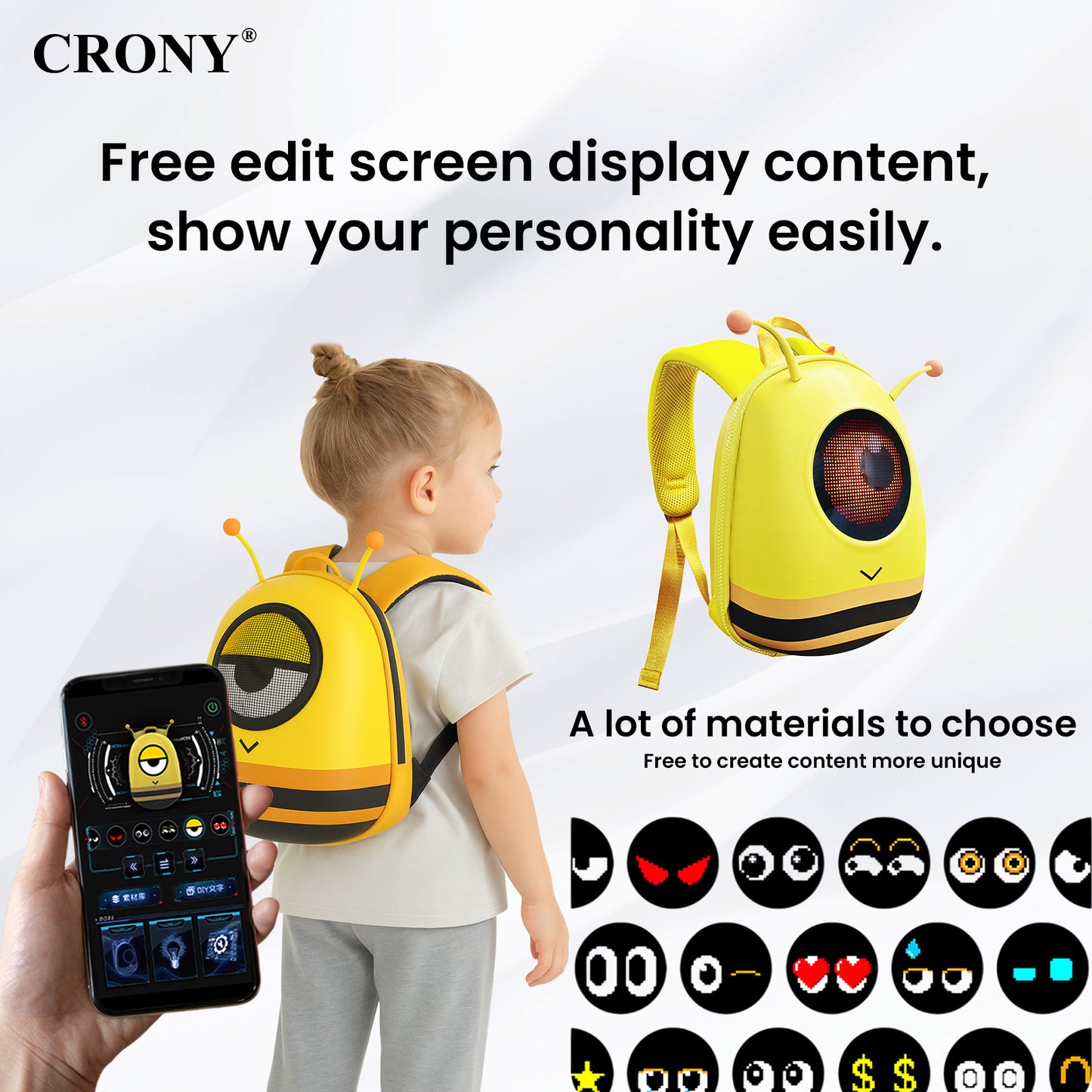 حقيبة ظهر ذكية CRONY صغيرة بشاشة LED للنمل مع عرض بكسل ذكي حقيبة ظهر بلوتوث قابلة للبرمجة بشاشة LED بحجم 32x32 عرض نصوص ورسوم متحركة مخصصة للسفر والمدرسة والتنقل وهدايا تقنية