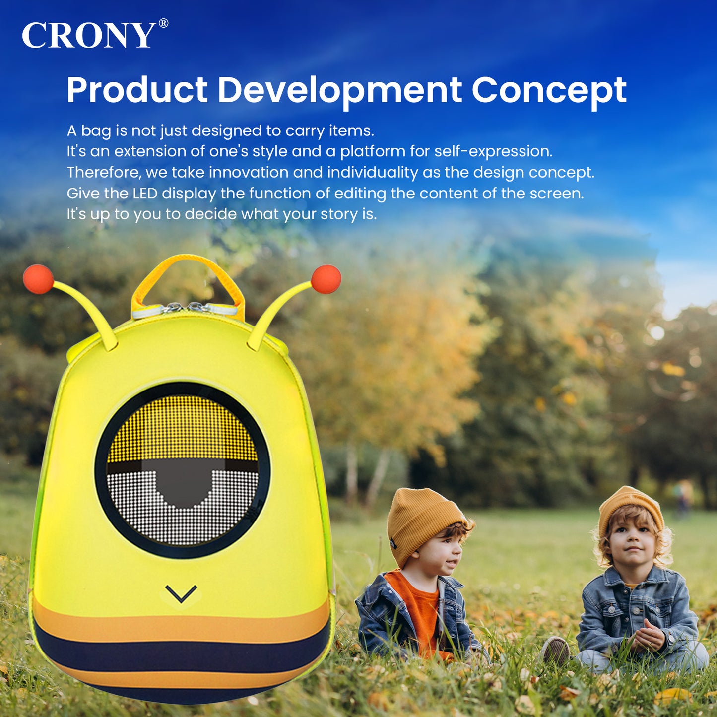 حقيبة ظهر ذكية CRONY صغيرة بشاشة LED للنمل مع عرض بكسل ذكي حقيبة ظهر بلوتوث قابلة للبرمجة بشاشة LED بحجم 32x32 عرض نصوص ورسوم متحركة مخصصة للسفر والمدرسة والتنقل وهدايا تقنية