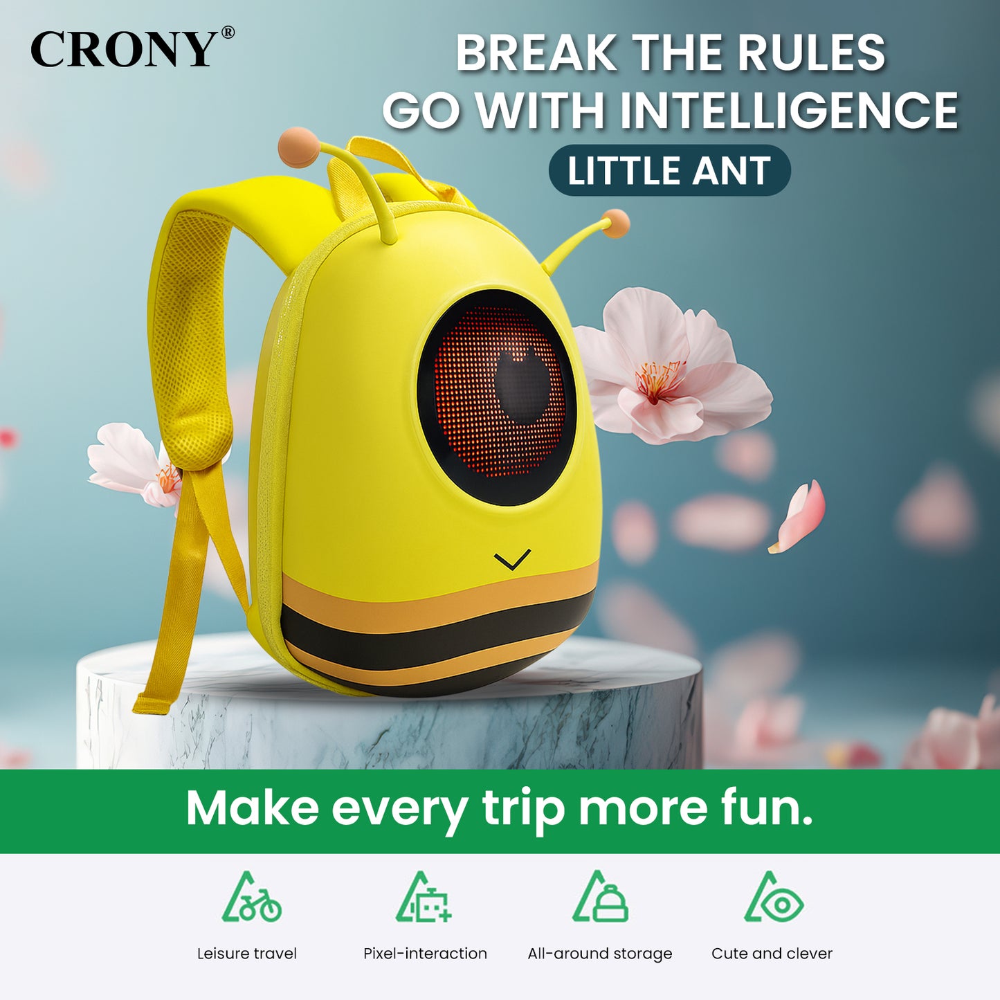 حقيبة ظهر ذكية CRONY صغيرة بشاشة LED للنمل مع عرض بكسل ذكي حقيبة ظهر بلوتوث قابلة للبرمجة بشاشة LED بحجم 32x32 عرض نصوص ورسوم متحركة مخصصة للسفر والمدرسة والتنقل وهدايا تقنية