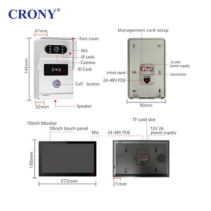 نظام جرس الباب بالفيديو CRONY TUYATY102THTD2 بشاشة لمس 10 بوصة AHD سلكي مع كاميرا 1080P تحكم ذكي عبر التطبيق كشف الحركة فتح عن بُعد رؤية ليلية دعم بطاقة TF