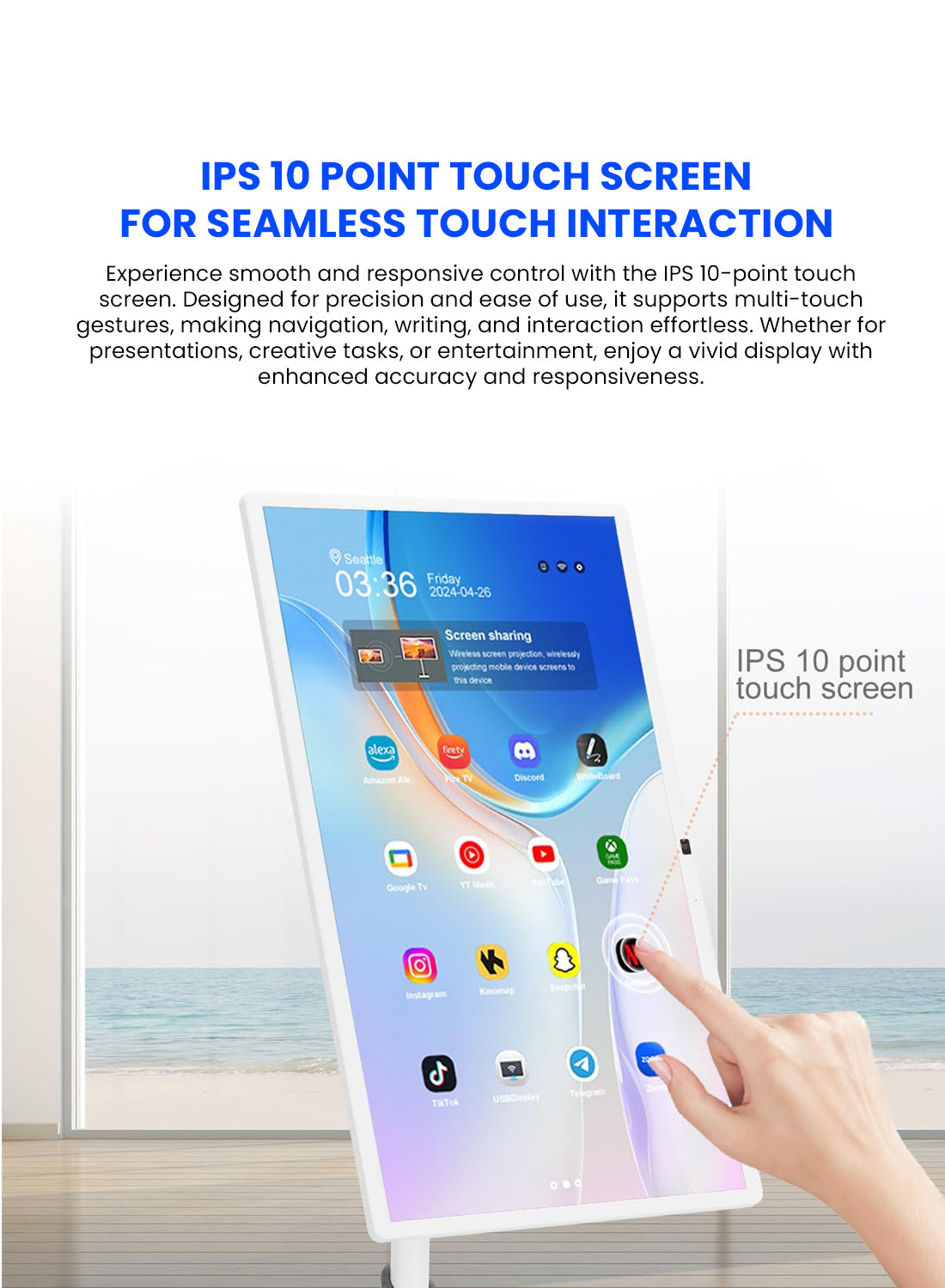 شاشة محمولة CRONY TX32-1 مقاس 32 بوصة بعجلات، شاشة محمولة مع شاشة لمس 1080 بكسل، بطارية مدمجة، مكبرات صوت، دعم البلوتوث، اتصال USB-C وHDMI