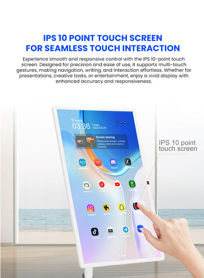 شاشة محمولة CRONY TX32-1 مقاس 32 بوصة بعجلات، شاشة محمولة مع شاشة لمس 1080 بكسل، بطارية مدمجة، مكبرات صوت، دعم البلوتوث، اتصال USB-C وHDMI