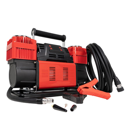 CRONY 12V Heavy-Duty Dual Cylinder Air Compressor, 150 PSI Portable Air Pump, 300 L/min Air Flow, 60mm × 2 Cylinders, Digital Pressure Gauge, Auto-Stop Function, Overload & Over-Temperature Protection, 8m Rubber Air Hose