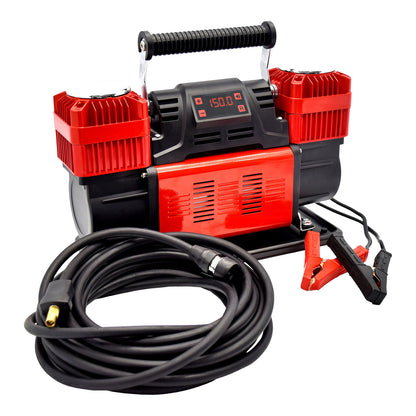 CRONY 12V Heavy-Duty Dual Cylinder Air Compressor, 150 PSI Portable Air Pump, 300 L/min Air Flow, 60mm × 2 Cylinders, Digital Pressure Gauge, Auto-Stop Function, Overload & Over-Temperature Protection, 8m Rubber Air Hose