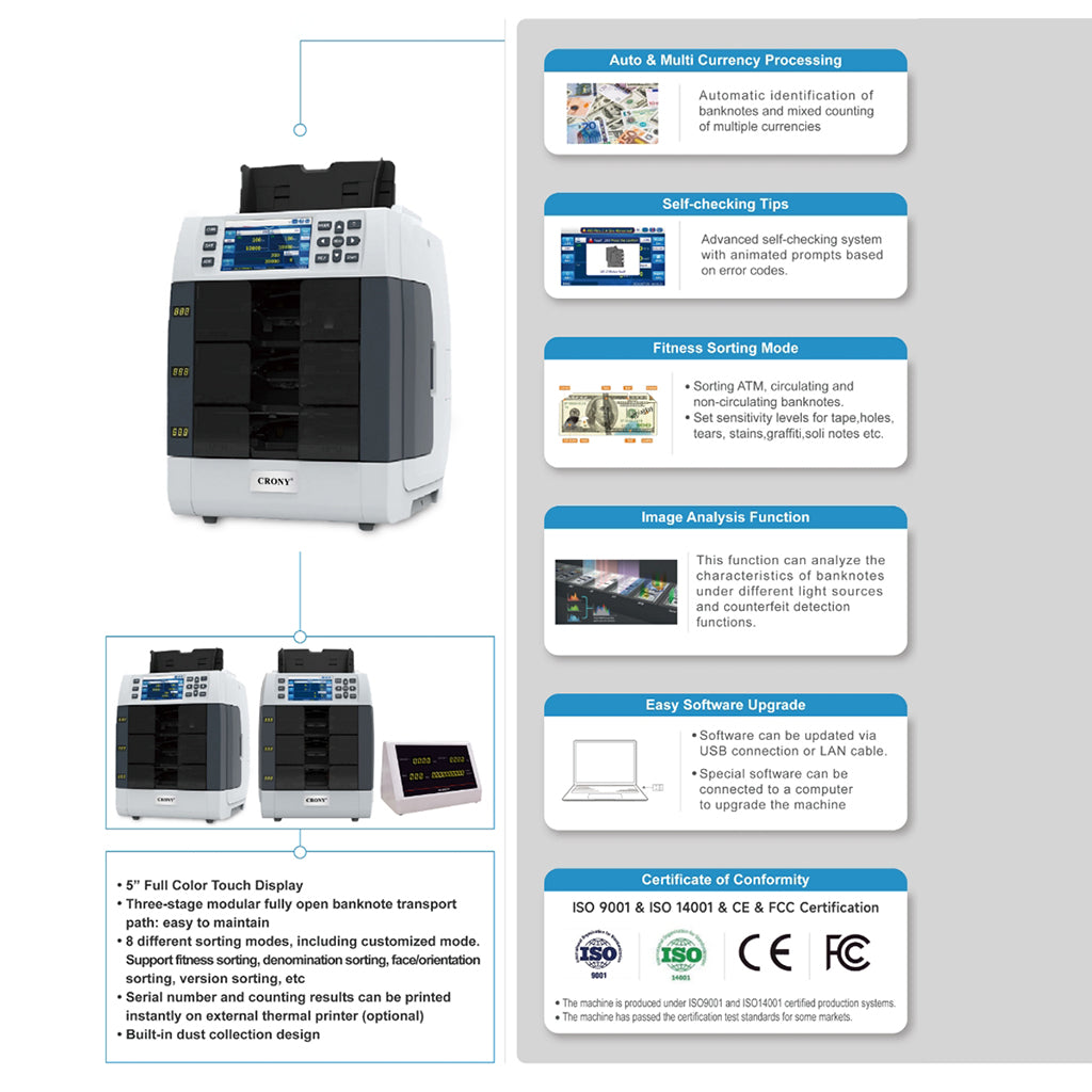 جهاز التحقق من الأوراق النقدية CRONY WR8301 2+1 متعدد العملات فرز النقود وفرز النقود الجيبية وعداد النقود