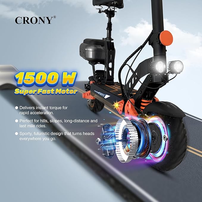 CRONY D2 Pro Electric Scooter with Seat, 1500W Motor, 50-65KM/H Speed, 30-40KM Range, Dual Suspension, Hydraulic Shock Absorbents, LCD Display, LED Lights, Bluetooth App, Rear Luggage Box