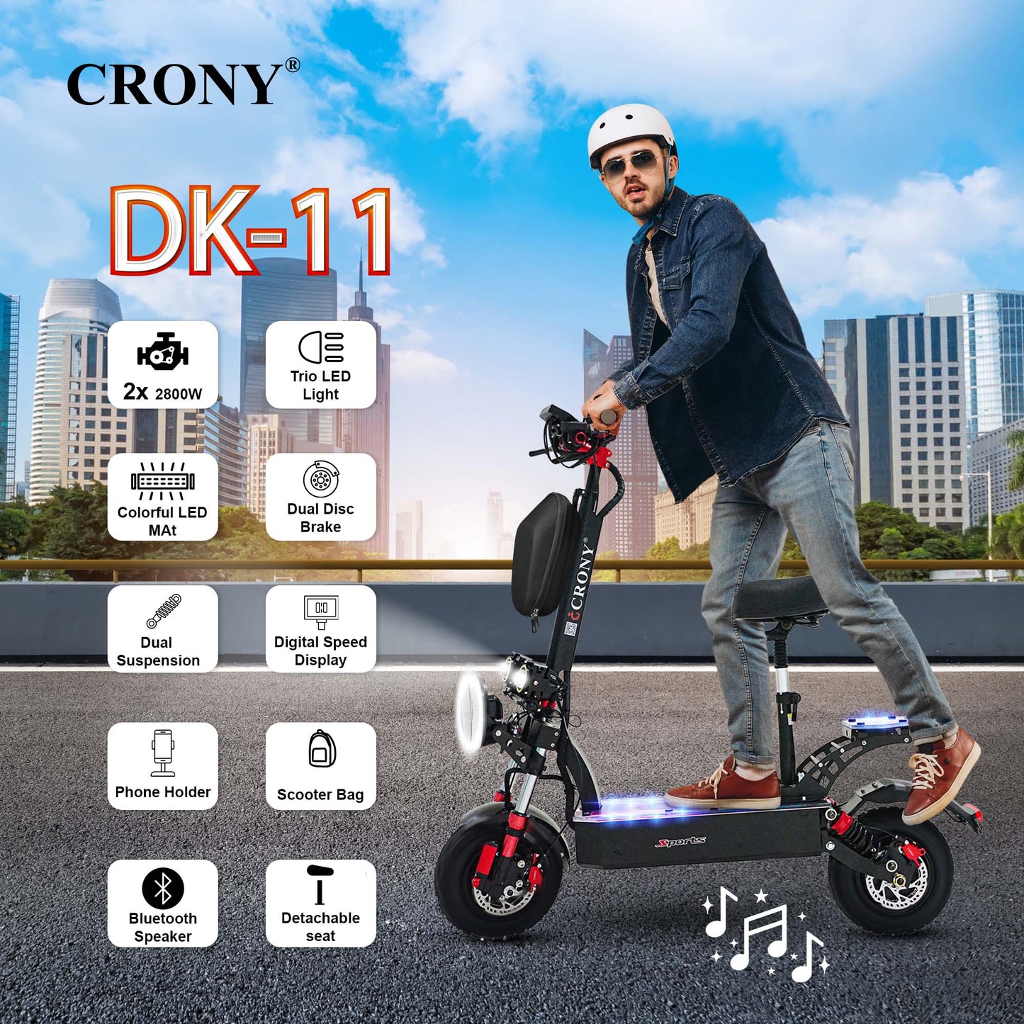 CRONY V10+ PRO Electric Scooter – 1500W Motor, 48V 13Ah Battery, Up to 68 KM/H Speed, 25–35 KM Range, 10-Inch Off-Road Tires, Front & Rear Suspension, Foldable Aluminum Frame, Triple LED Headlights, Bluetooth Speaker, Phone Holder & Rearview Mirrors